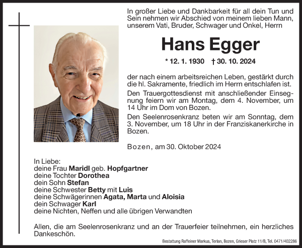 Traueranzeige von Hans Egger von Dolomiten