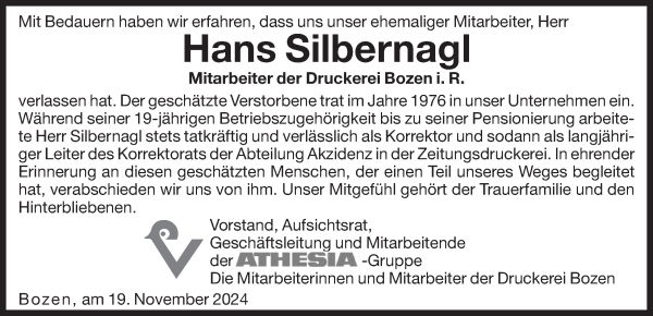 Traueranzeige von Hans Silbernagl von Dolomiten