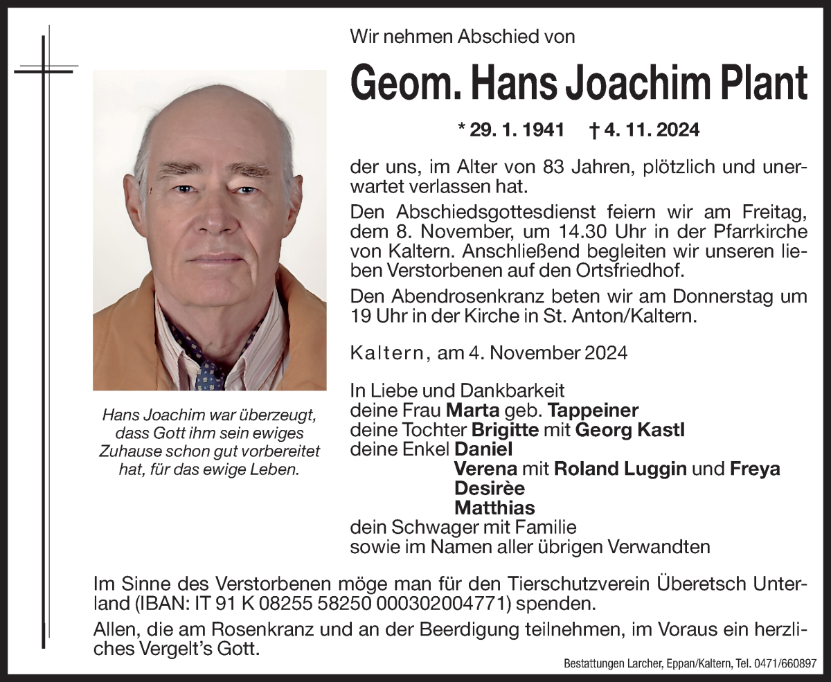  Traueranzeige für Hans Joachim Plant vom 05.11.2024 aus Dolomiten