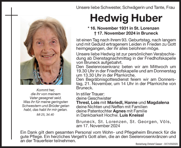 Traueranzeige von Hedwig Huber von Dolomiten