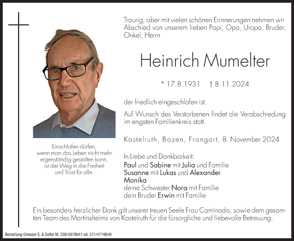 Traueranzeige von Heinrich Mumelter von Dolomiten