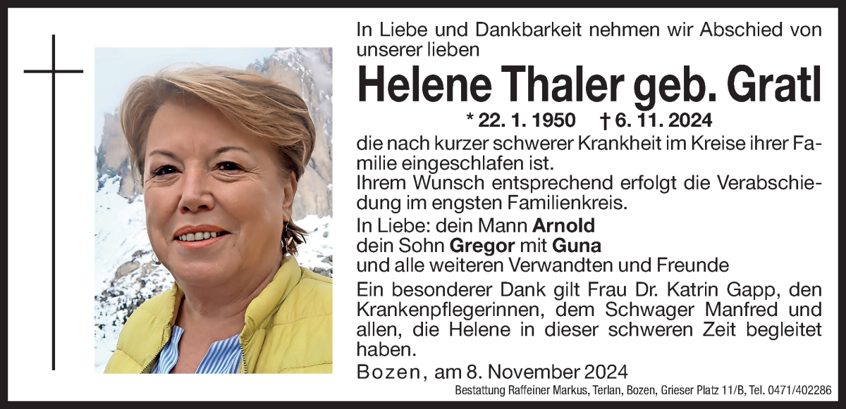  Traueranzeige für Helene Thaler vom 08.11.2024 aus Dolomiten