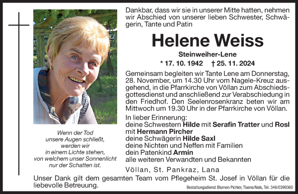 Traueranzeige von Helene Weiss von Dolomiten