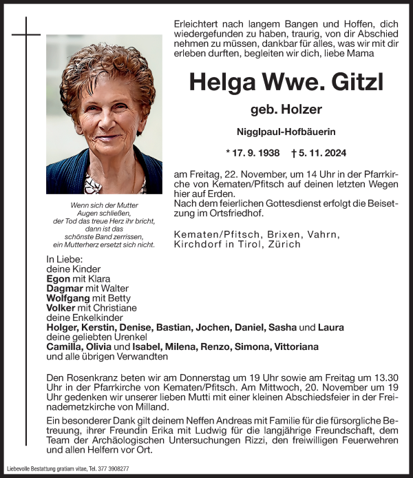 Traueranzeige von Helga Gitzl von Dolomiten