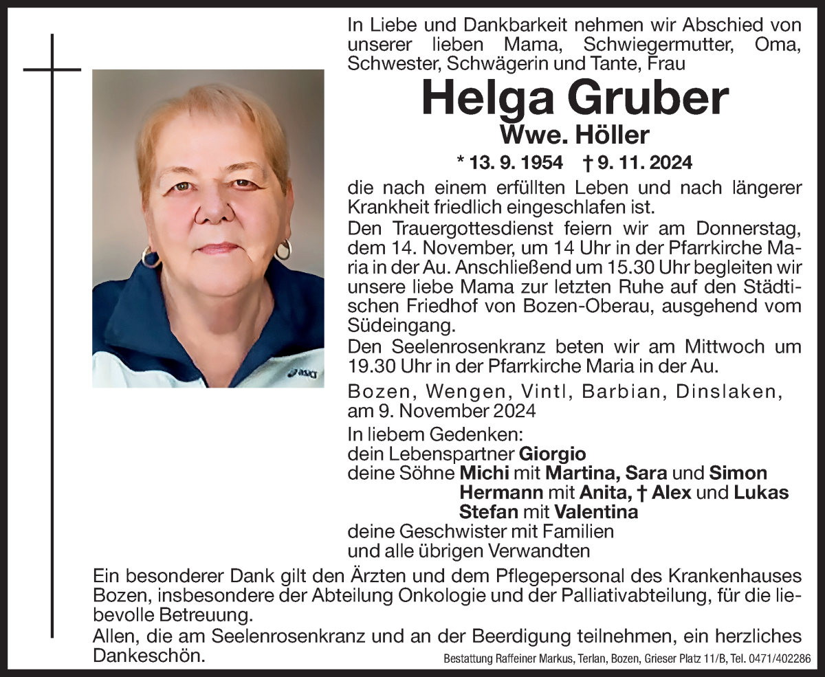  Traueranzeige für Helga Höller vom 12.11.2024 aus Dolomiten