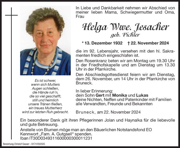 Traueranzeige von Helga Jesacher von Dolomiten