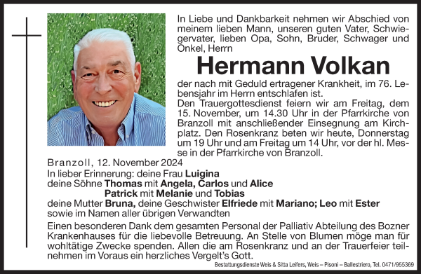 Traueranzeige von Hermann Volkan von Dolomiten