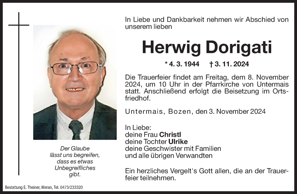  Traueranzeige für Herwig Dorigati vom 06.11.2024 aus Dolomiten