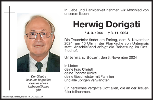 Traueranzeige von Herwig Dorigati von Dolomiten