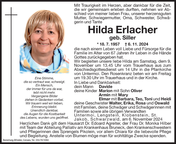 Traueranzeige von Hilda Erlacher von Dolomiten