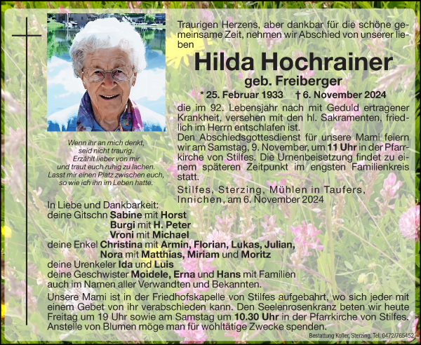 Traueranzeige von Hilda Hochrainer von Dolomiten