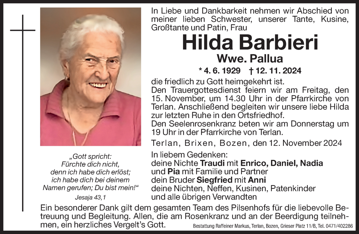  Traueranzeige für Hilda Pallua vom 13.11.2024 aus Dolomiten