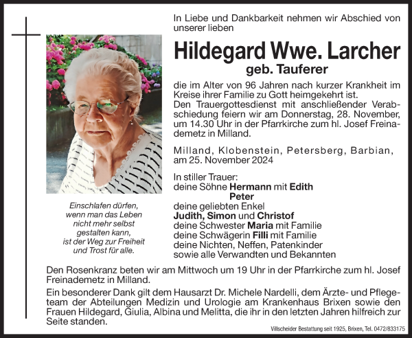 Traueranzeige von Hildegard Larcher von Dolomiten