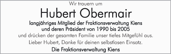 Traueranzeige von Hubert Obermair von Dolomiten