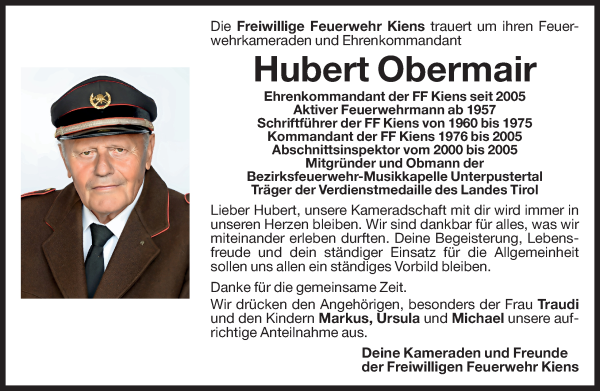 Traueranzeige von Hubert Obermair von Dolomiten