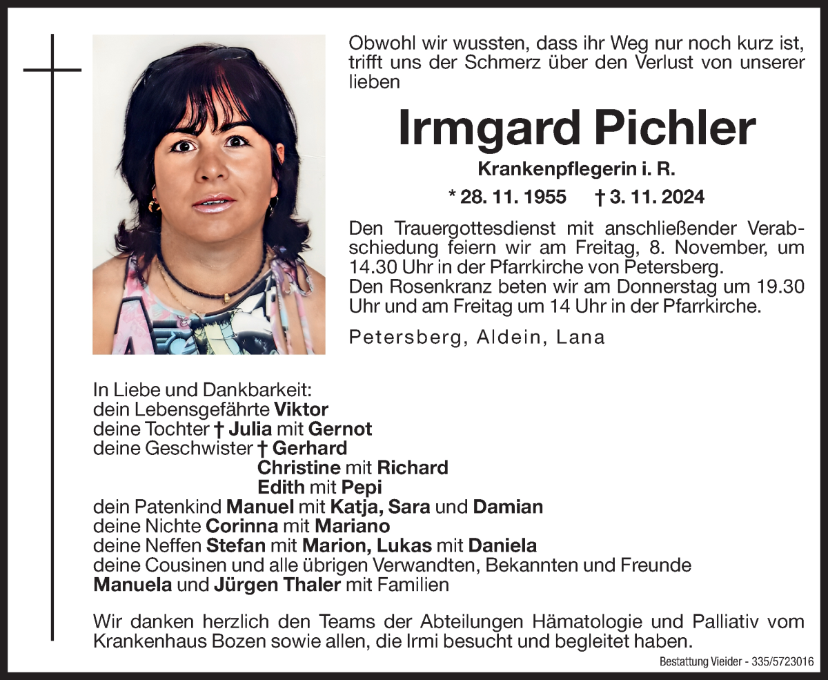  Traueranzeige für Irmgard Pichler vom 06.11.2024 aus Dolomiten