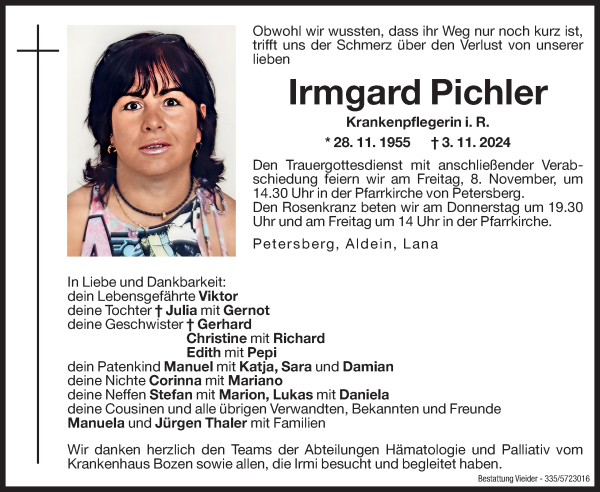 Traueranzeige von Irmgard Pichler von Dolomiten