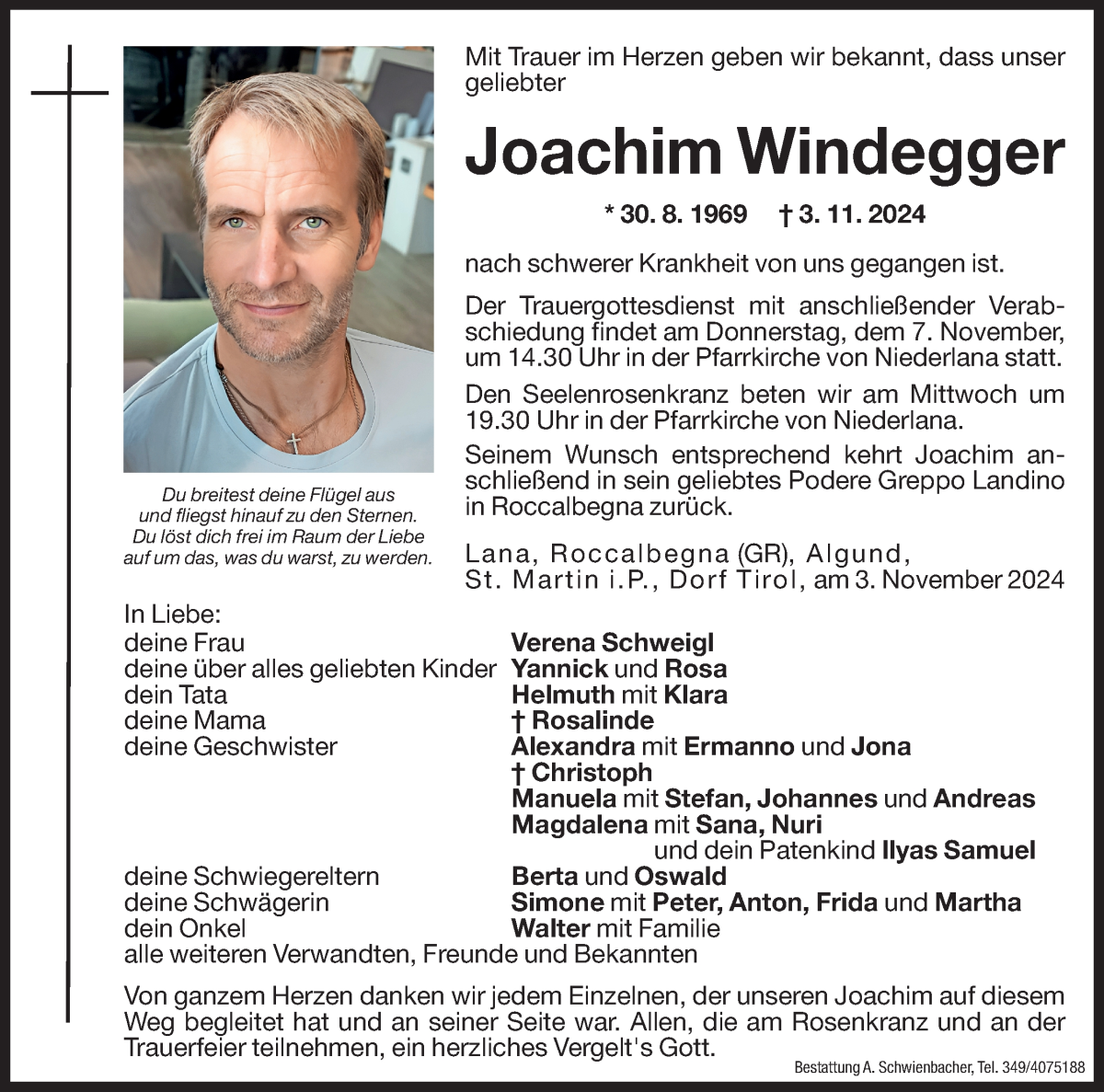  Traueranzeige für Joachim Windegger vom 05.11.2024 aus Dolomiten