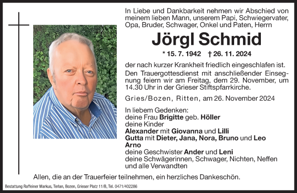 Traueranzeige von Jörgl Schmid von Dolomiten