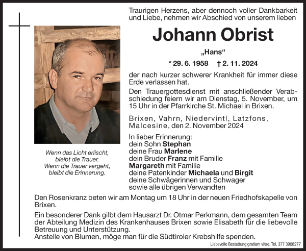 Traueranzeige von Johann Obrist von Dolomiten