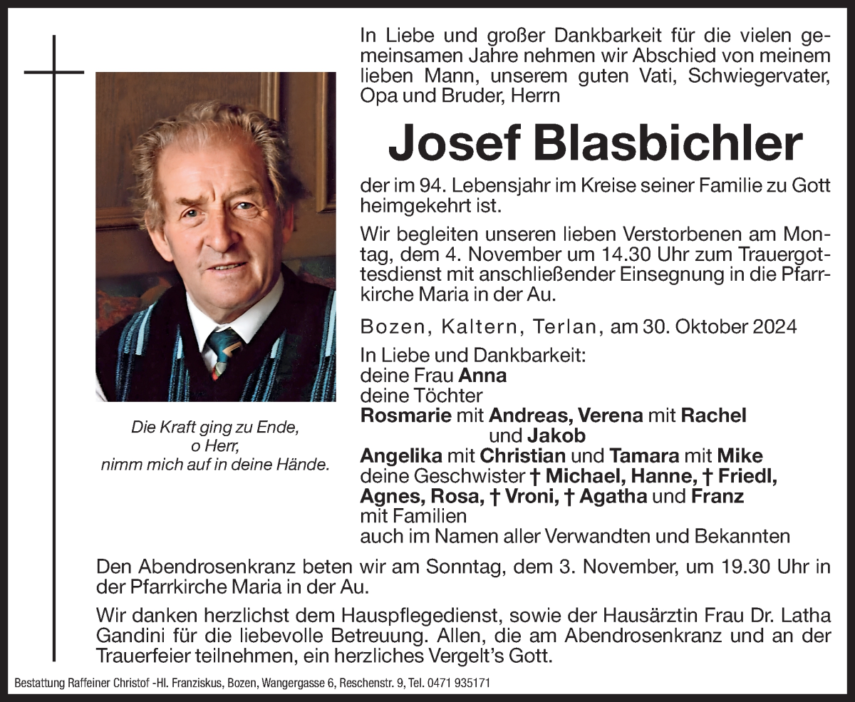  Traueranzeige für Josef Blasbichler vom 02.11.2024 aus Dolomiten