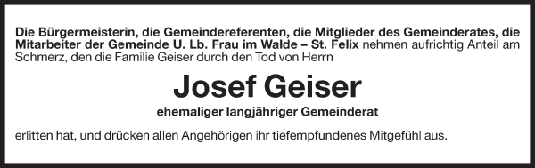 Traueranzeige von Josef Geiser von Dolomiten