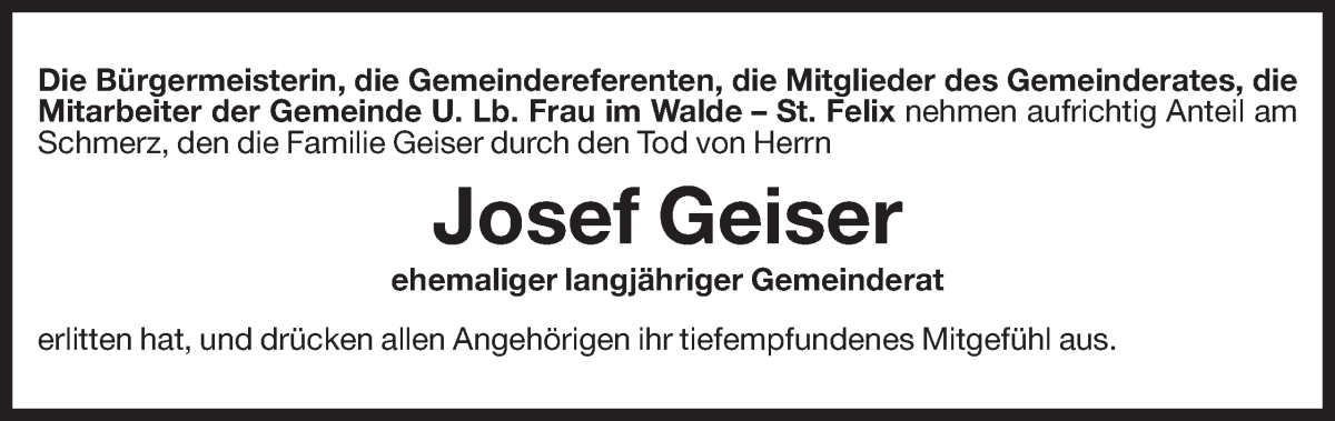  Traueranzeige für Josef Geiser vom 22.11.2024 aus Dolomiten