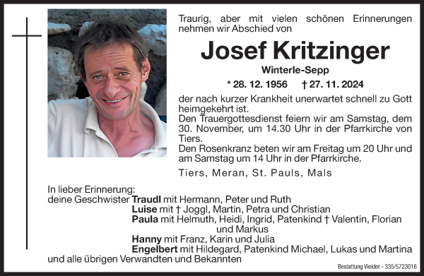 Traueranzeige von Josef Kritzinger von Dolomiten