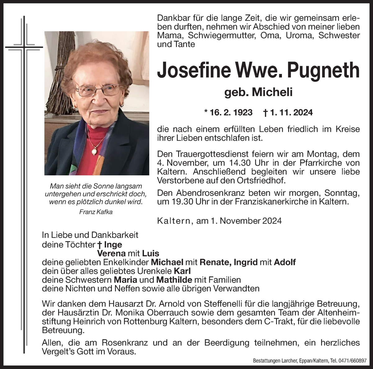  Traueranzeige für Josefine Pugneth vom 02.11.2024 aus Dolomiten