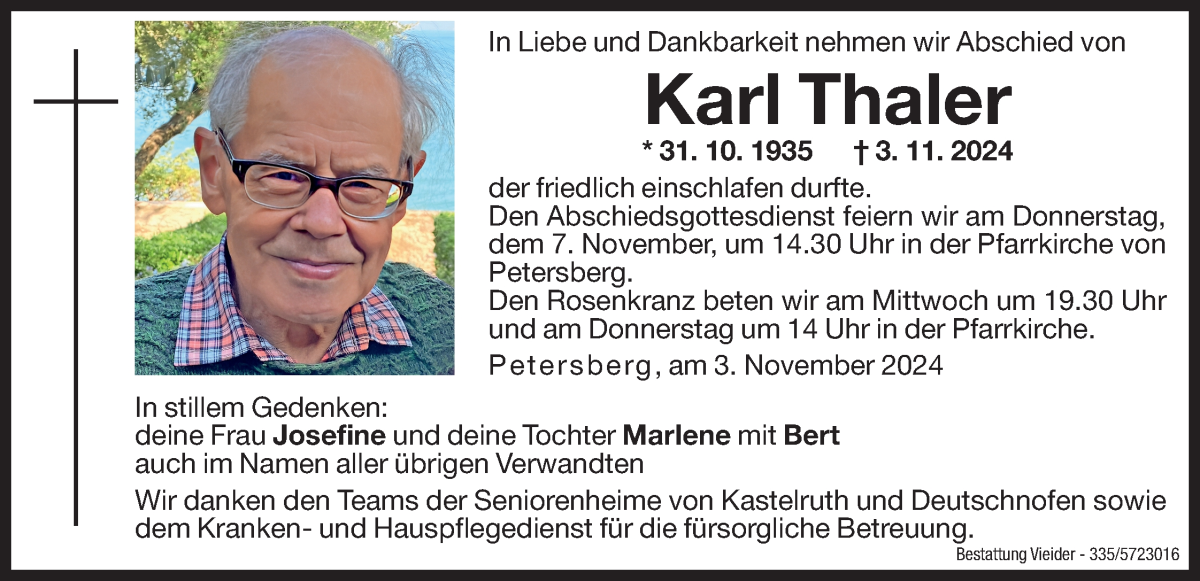  Traueranzeige für Karl Thaler vom 05.11.2024 aus Dolomiten