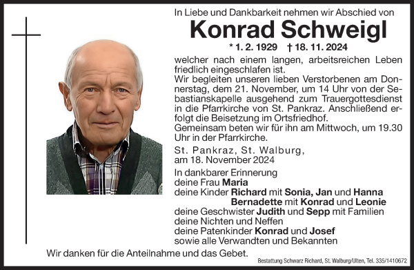 Traueranzeige von Konrad Schweigl von Dolomiten