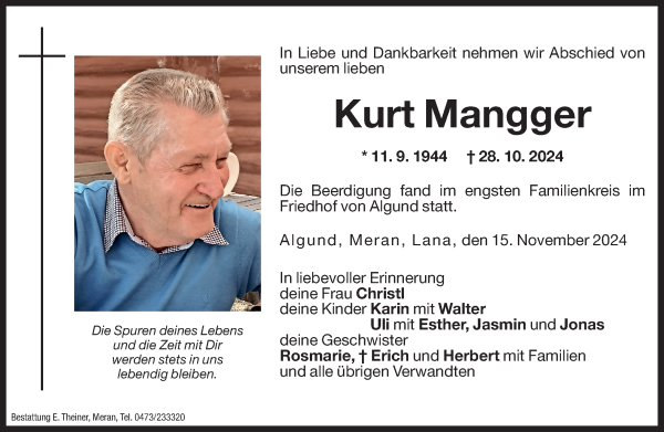 Traueranzeige von Kurt Mangger von Dolomiten