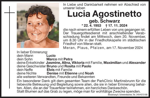 Traueranzeige von Lucia Agostinetto von Dolomiten