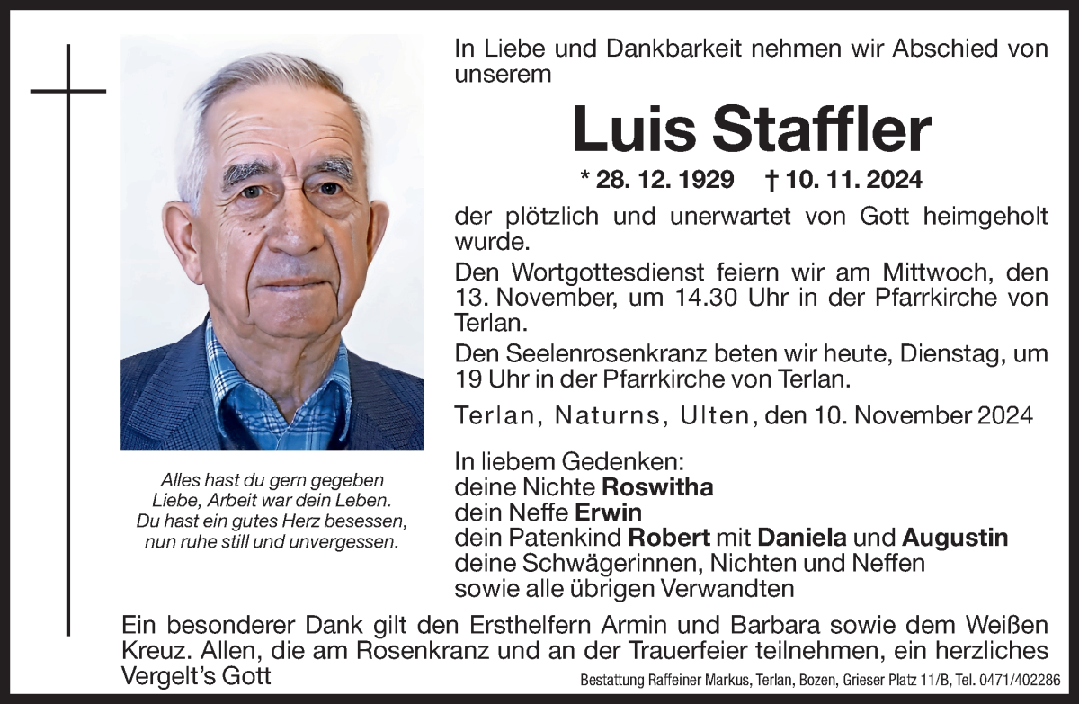  Traueranzeige für Luis Staffler vom 12.11.2024 aus Dolomiten