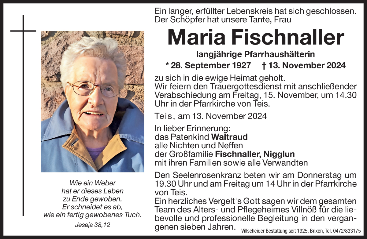  Traueranzeige für Maria Fischnaller vom 14.11.2024 aus Dolomiten