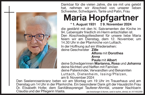 Traueranzeige von Maria Hopfgartner von Dolomiten