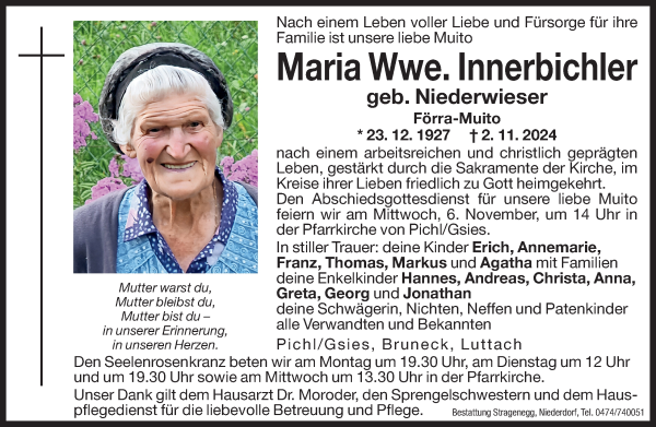 Traueranzeige von Maria Innerbichler von Dolomiten