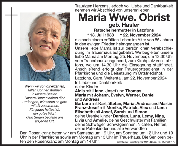 Traueranzeige von Maria Hasler Obrist von Dolomiten