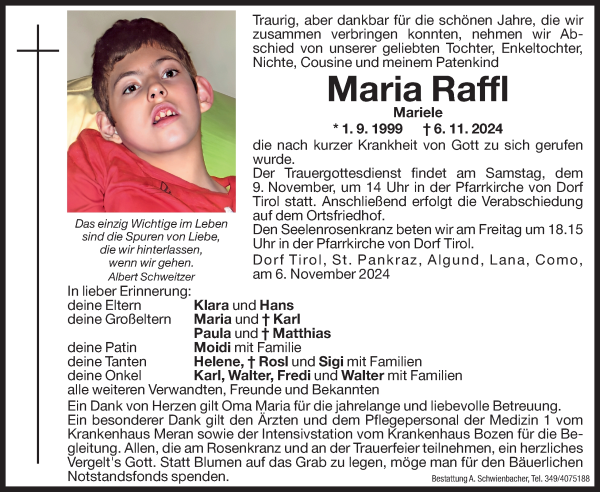 Traueranzeige von Maria Raffl von Dolomiten