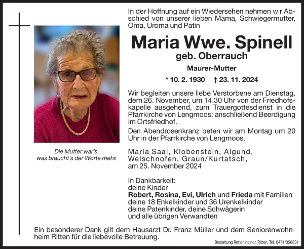 Traueranzeige von Maria Spinell von Dolomiten