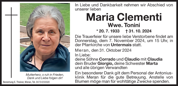 Traueranzeige von Maria Tonini von Dolomiten