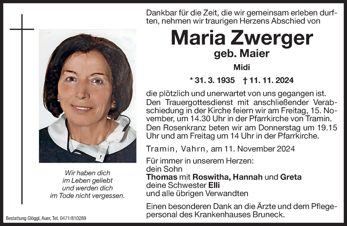  Traueranzeige für Maria Zwerger vom 13.11.2024 aus Dolomiten