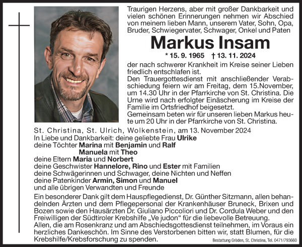 Traueranzeige von Markus Insam von Dolomiten