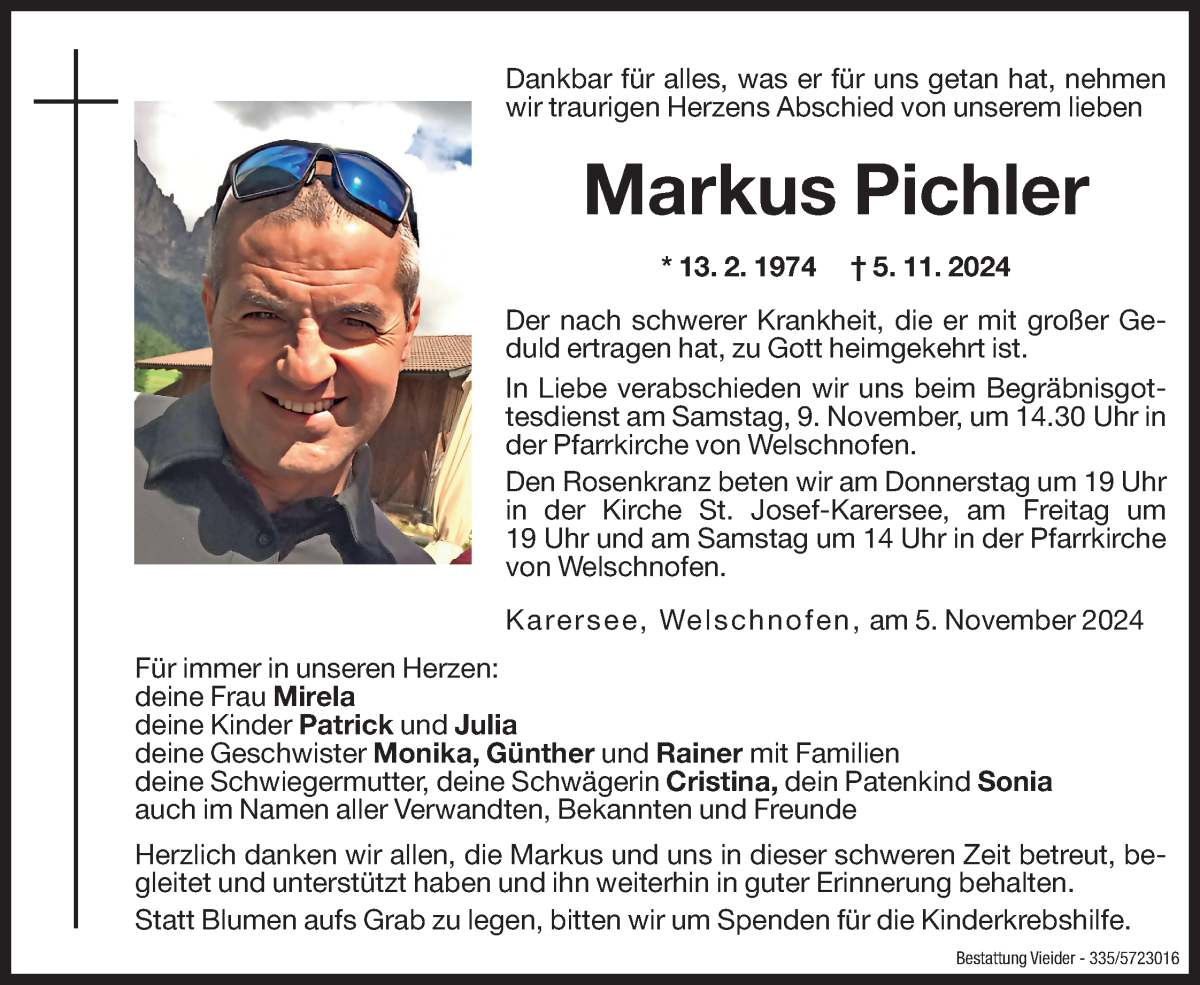  Traueranzeige für Markus Pichler vom 07.11.2024 aus Dolomiten