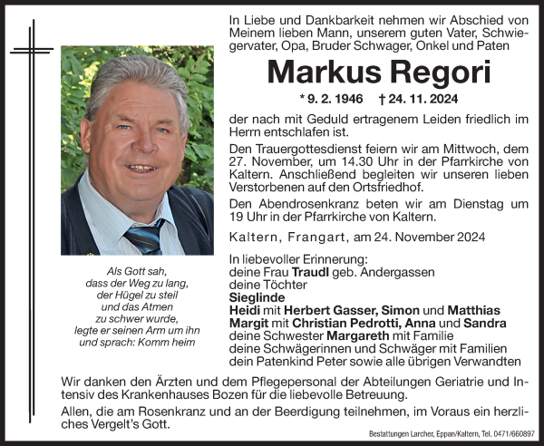 Traueranzeige von Markus Regori von Dolomiten