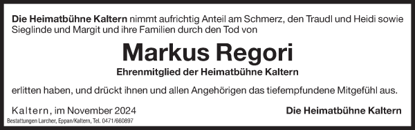 Traueranzeige von Markus Regori von Dolomiten