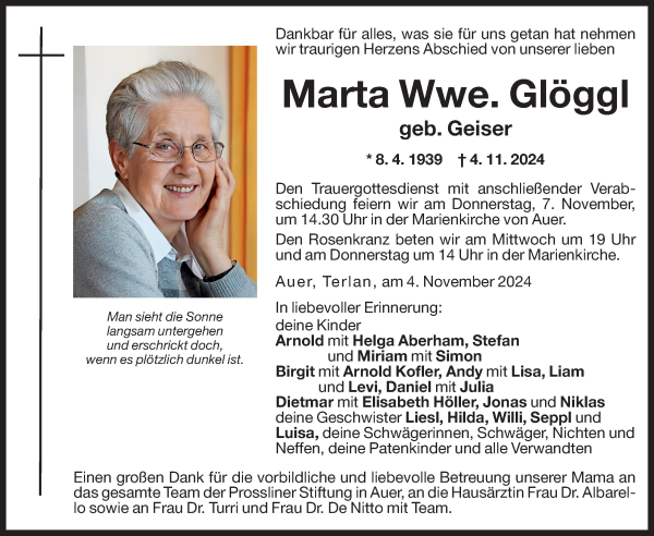 Traueranzeige von Marta Glöggl von Dolomiten