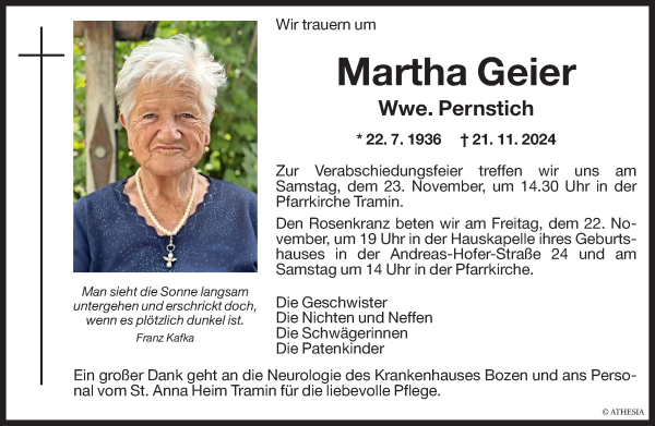 Traueranzeige von Martha Pernstich von Dolomiten