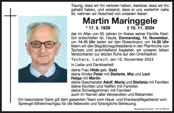 Traueranzeige von Martin Maringgele von Dolomiten