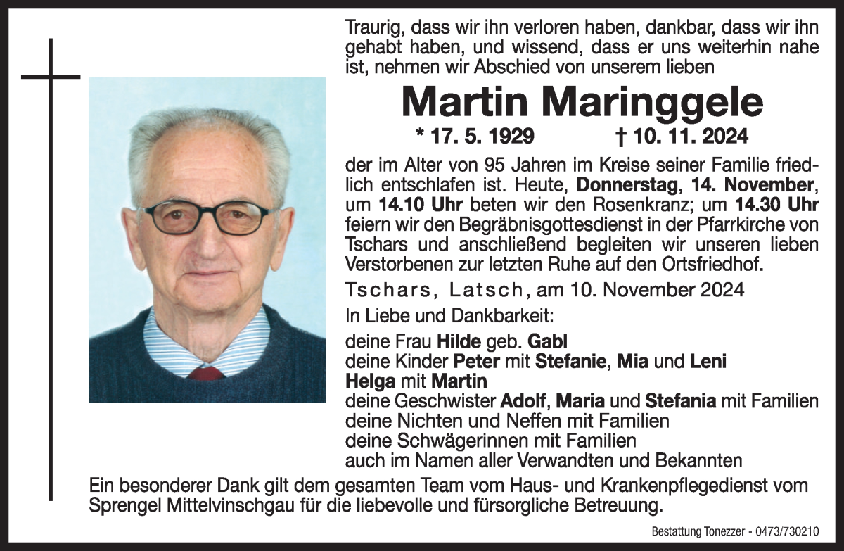  Traueranzeige für Martin Maringgele vom 14.11.2024 aus Dolomiten